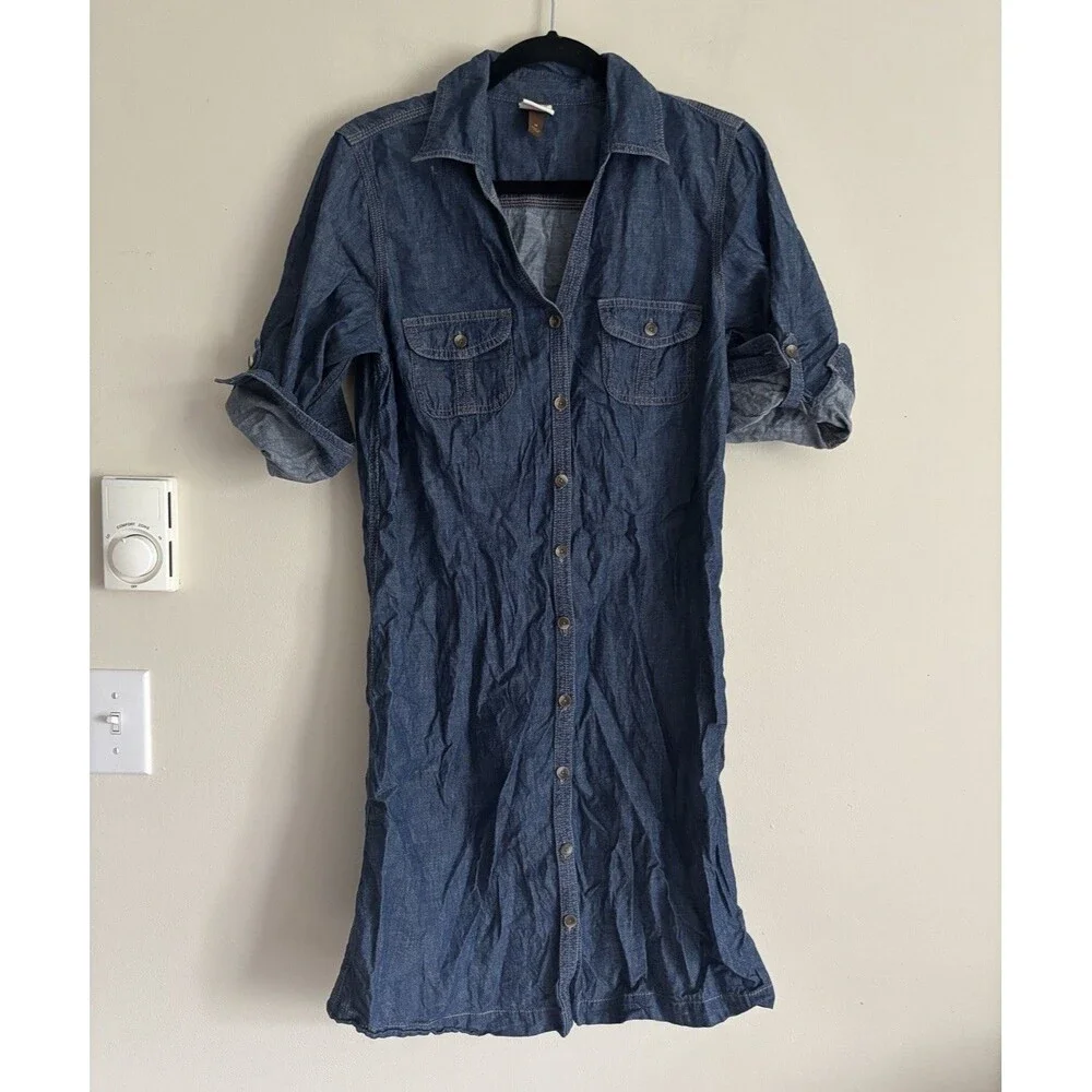 VTG Sonoma‎ Denim Chambray Dress Blue Roll Tab Sleeve Button Up COTTON Medium